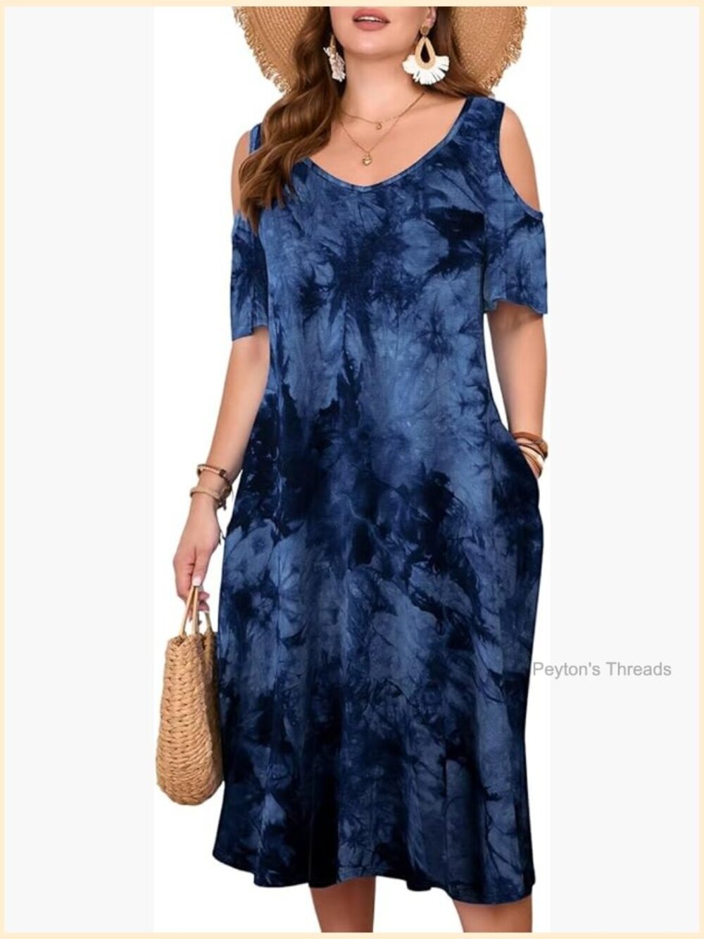 Plus Size Midi Sundress with Pockets Cold Shoulder V-Neck